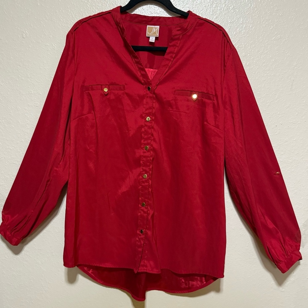 JM Collection Red Button Up Blouse Size 18 | Long Sleeve Career Office Top Plus - Picture 2 of 4